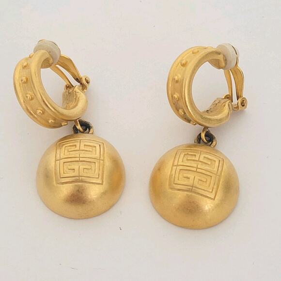 Vintage Givenchy Drop Gold Tone Clip on Earrings Round Glam Statment Logo Retro - Picture 1 of 11